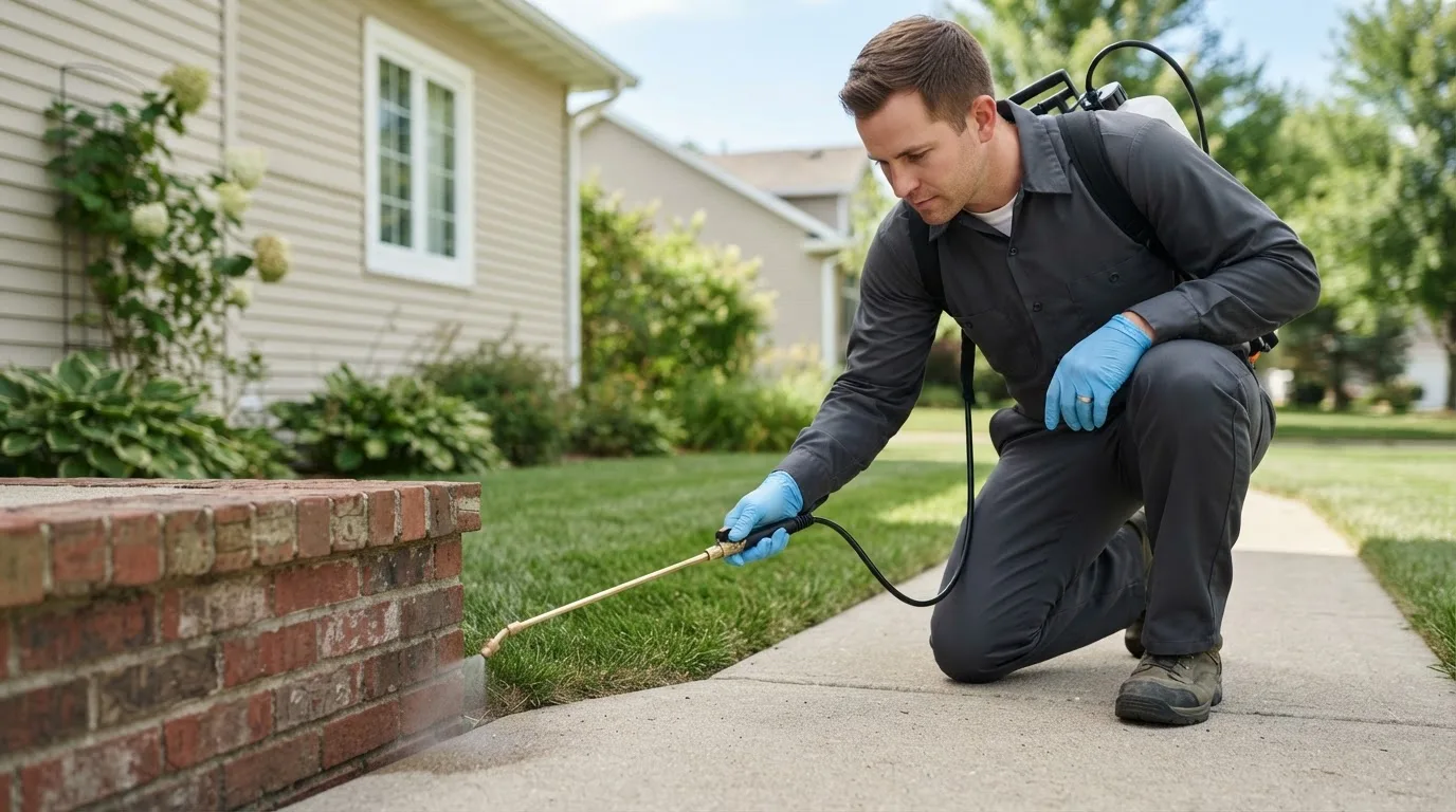 Pest control technician treating a home near Wibaux, MT